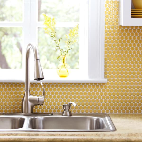 Hudson Penny Round Vintage Yellow 6 in. x 6 in. Porcelain Mosaic Take Home Tile Sample