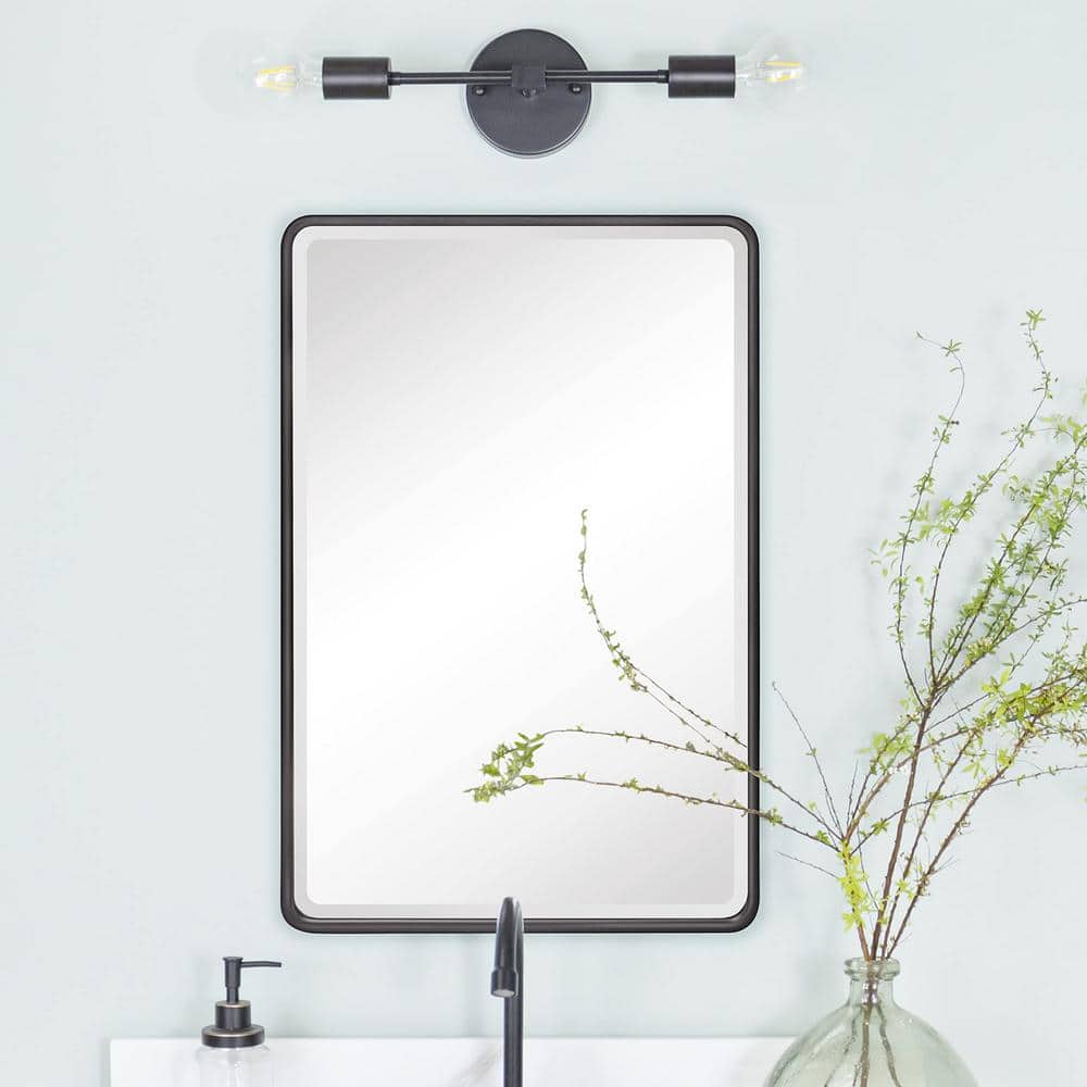 Black Metal Framed Recessed Medicine Cabinet with Beveled Mirror