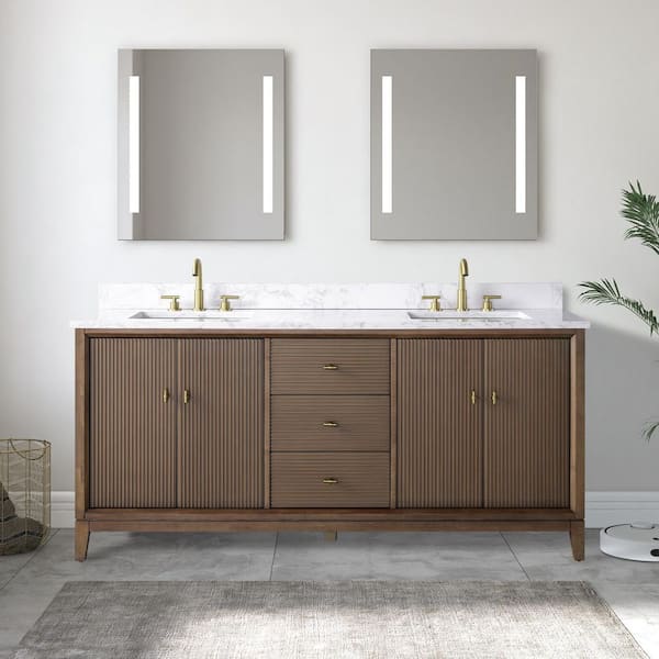 Vanity Art 72 in. W x 34 in. H Double Sink Walnut Bath Vanity Cabinet with Arabescato White Engineered Marble Top