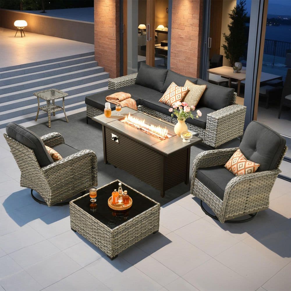 Stellaray 9 Pieces Wicker Outdoor Patio Rectangular Fire Pit Set and Swivel Rocking Chairs with Black Cushions
