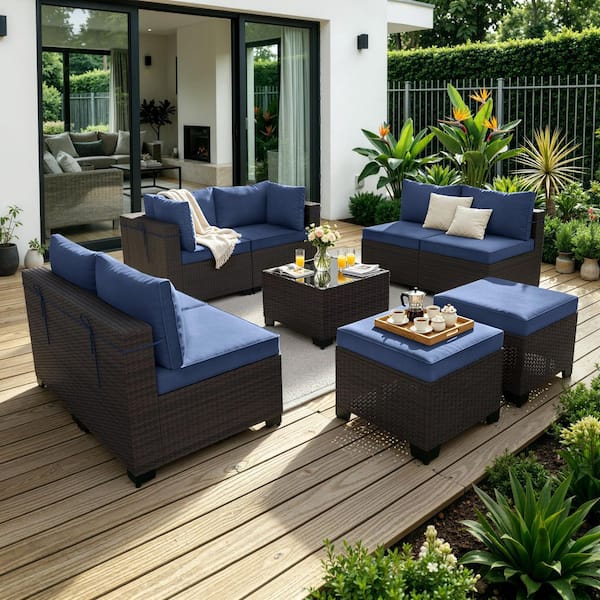9-Piece Wicker Patio Conversation Set with 8 Seats, Coffee Table, Ottomans and Cushion Navy Blue,Footrest,Garden