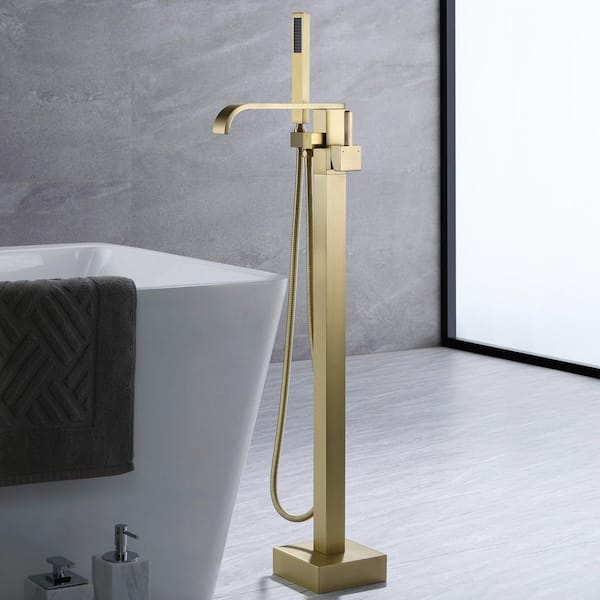 1-Handle Freestanding Tub Faucet Floor Mounted Bathtub Filler Faucet with Hand Shower in Brushed Gold