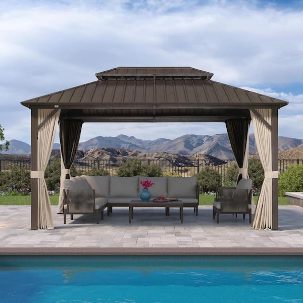 PURPLE LEAF 10 ft. x 14 ft. Bronze Aluminum Outdoor Hardtop Gazebo Metal Frame Galvanized Double Roof with Curtains and Nettings