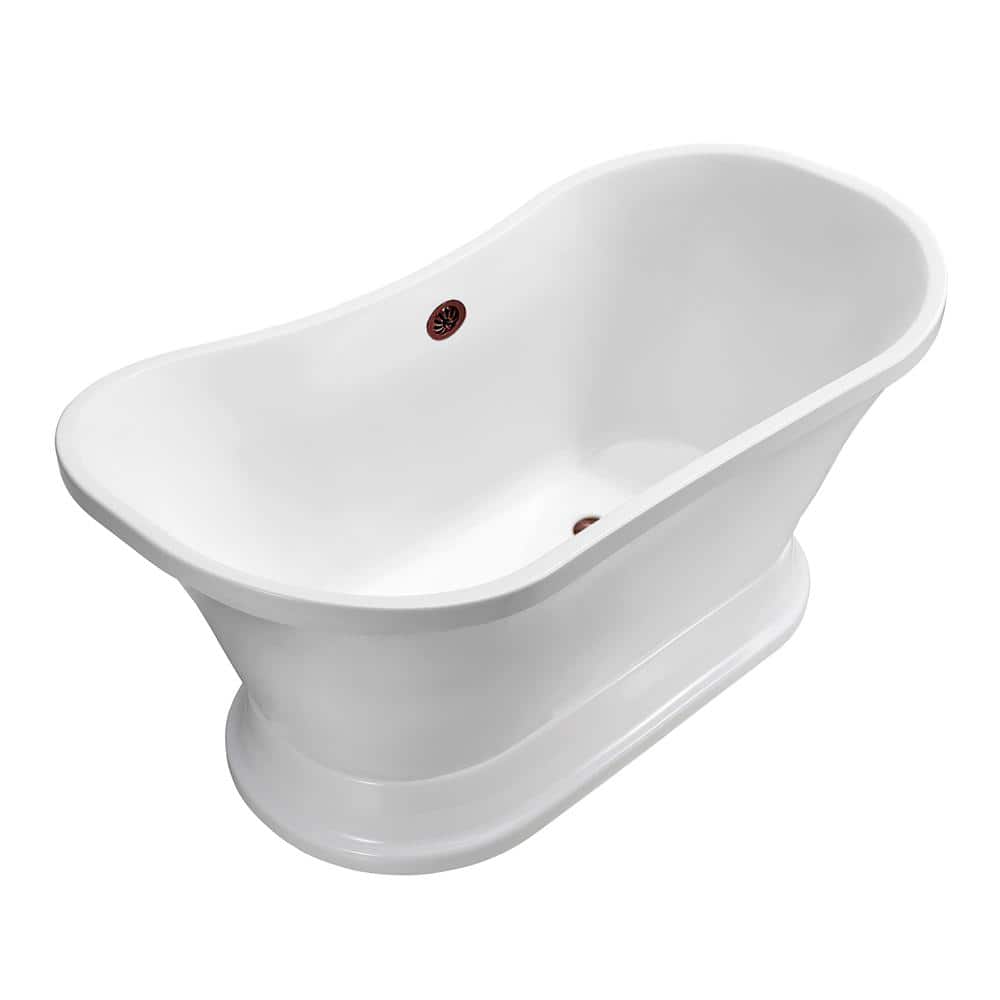 60" White Freestanding Acrylic Bathtub with Bronze Drain