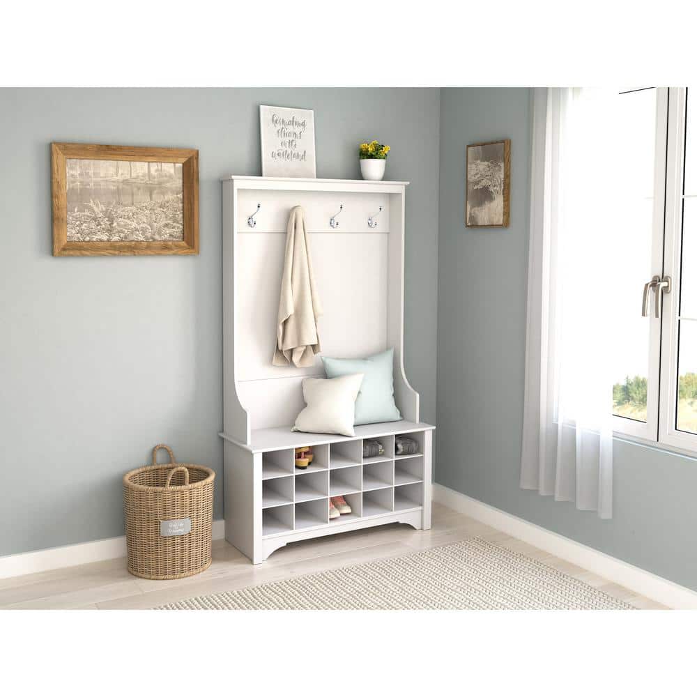 White Wood Hall Tree with Shoe Storage and Bench