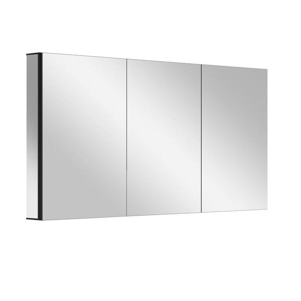 Getpro 60 in. W x 30 in. H Rectangular Frameless Black Aluminum Tri-view Recessed or Surface Mount Medicine Cabinet with Mirror