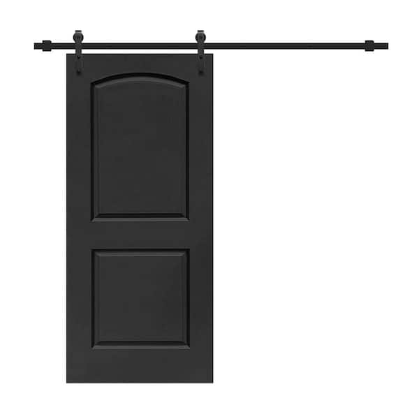 CALHOME 30 in. x 80 in. Black Stained Composite MDF 2-Panel Round Top Interior Sliding Barn Door with Hardware Kit
