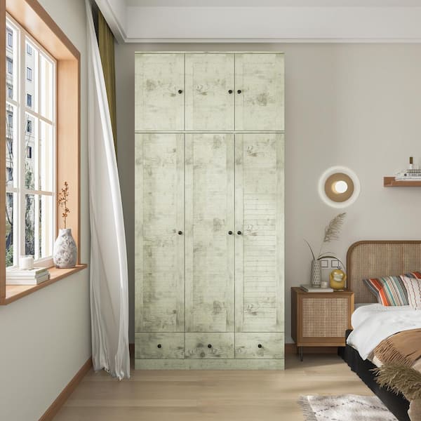 FUFU&GAGA Gray Wood 44.3 in. W Shutter Doors Wardrobe Armoires with Drawers, Hanging Rod, Top Cabinets (94.5 in. H x 19 in. D)