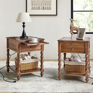 Jim Walnut Traditional 26 in. Tall Solid Wood End Table with USB Set of 2