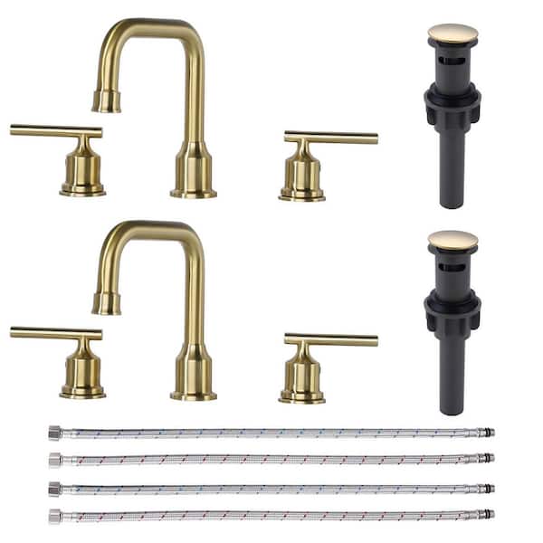 VEVETTA 8 in. Widespread Double Handle High Arc Bathroom Faucet with Drain Kit Included in Brushed Gold (2-Packs)