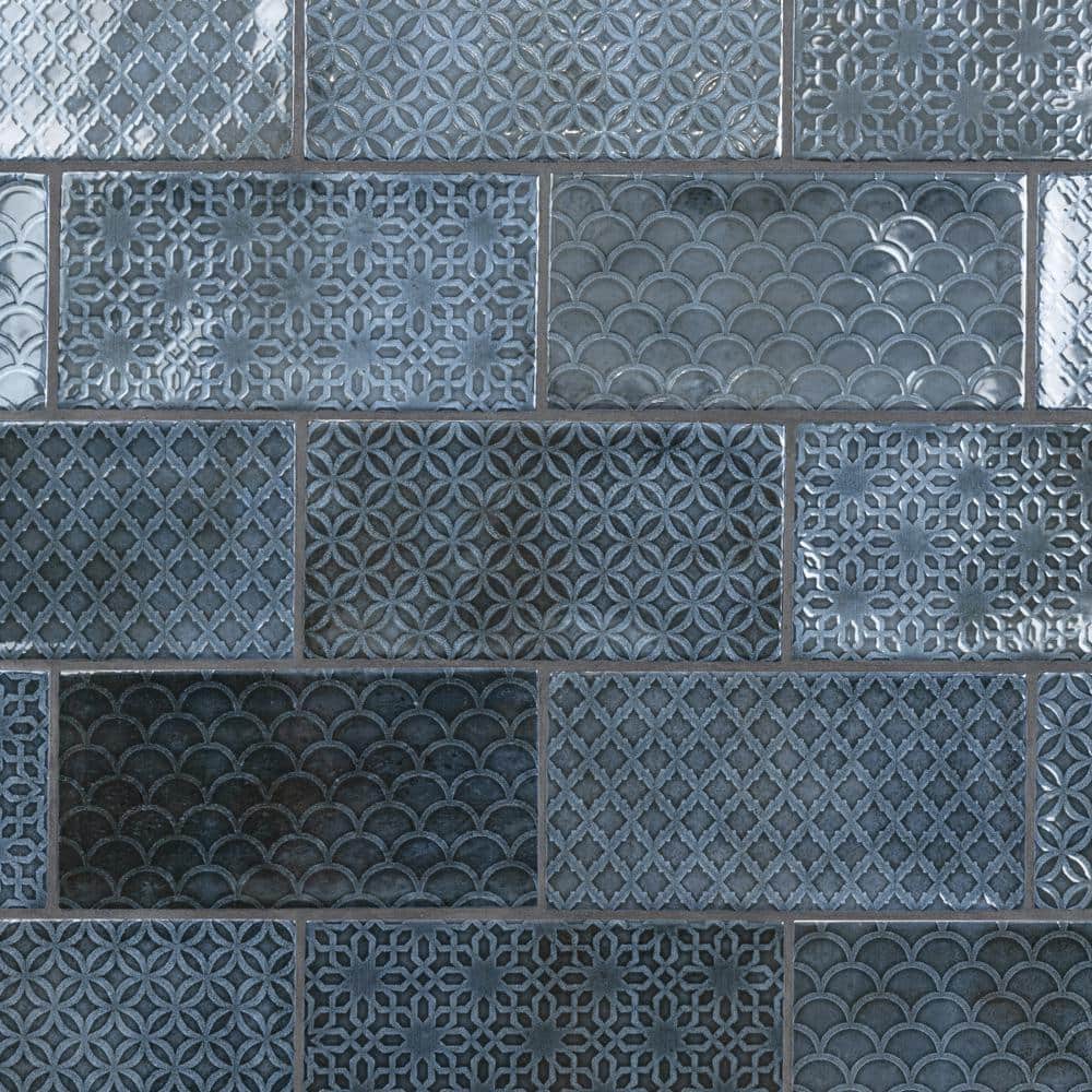 Camden 8" x 4" Azurro Ceramic Patterned Subway Tile