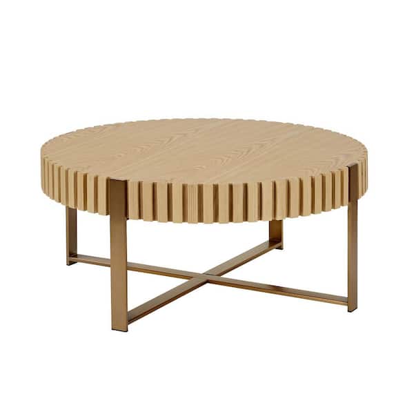31.5 in. Natural Ash Brown MDF Wood and Metal Modern Round Outdoor Coffee