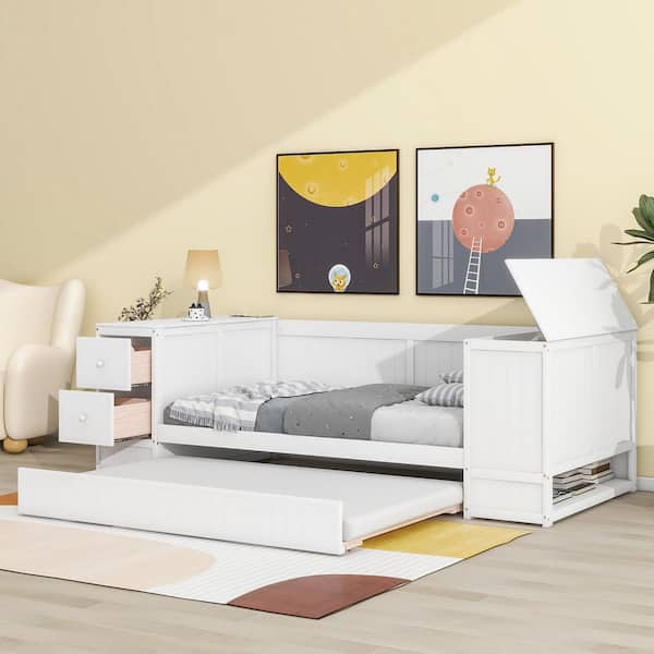 White Twin Daybed with Storage Arms, Trundle and Charging Station