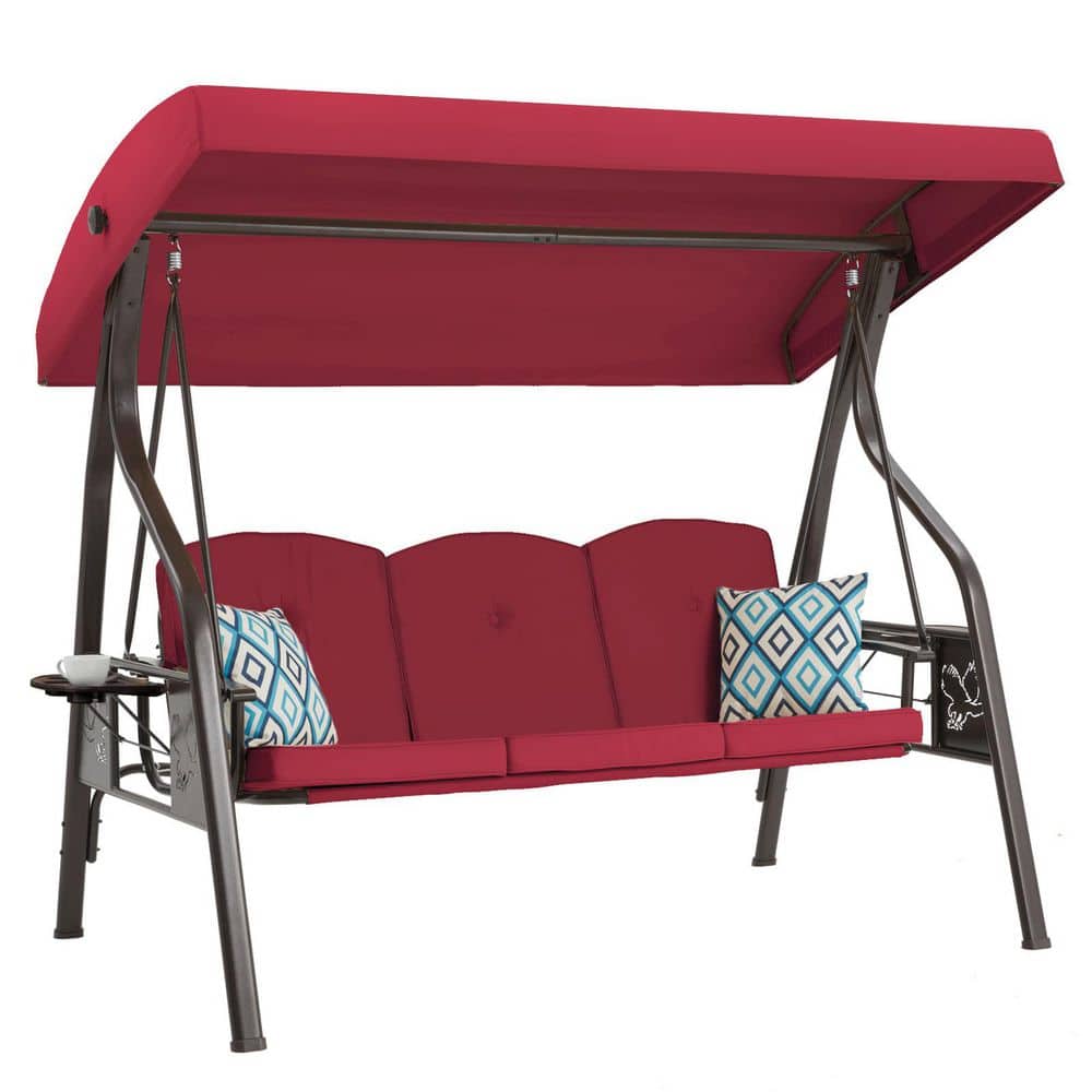3-Person Metal Patio Swing with Red Cushion, 2 in 1 Swing Bed Swing Chair W/ Stand, Cup Holder, Canopy price history on PriceWatchPro