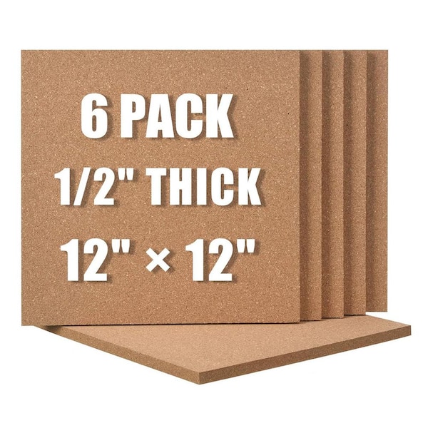 6-Pack 12x12 Thick Square Cork Bulletin Boards with Push Pins Self-Adhesive Natural Cork Tiles 6 Sheets