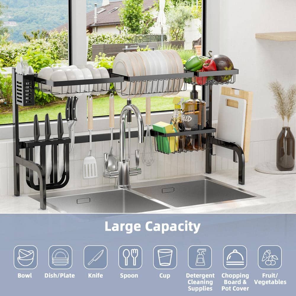 Adjustable Black Steel Over Sink Dish Drying Rack with Hooks