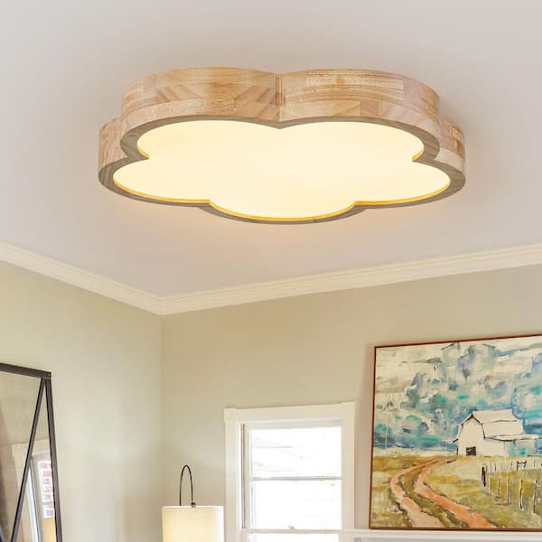 19.3 in. 1-Light Wooden Flower Integrated LED Flush Mount Ceiling Light Five Color Temperature Adjustable