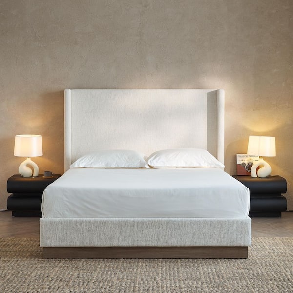 Duncan Oat (Beige) Boucle Fabric Upholstered Metal Frame Full Platform Bed with High Wingback Headboard