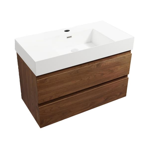 35.40 in. W Floating Wall-Mounted Bath Vanity in Brown Oak with White Resin Top