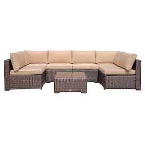 Patiorama 7-Piece Wicker Outdoor Sectional Set with Beige Cushions