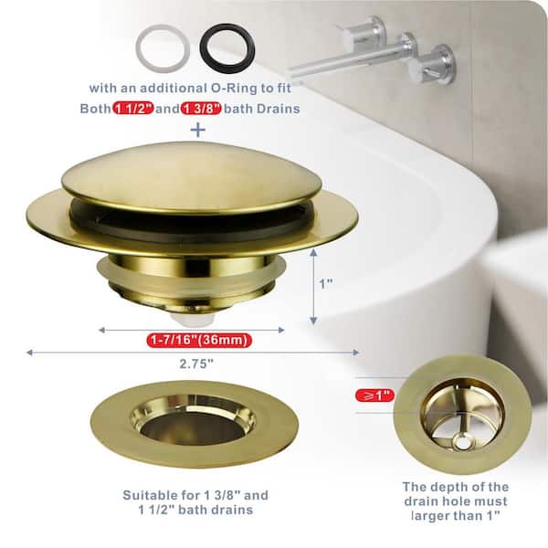 1-Piece Bathtub Drain Stopper Conversion Kit with Pop Up Tip Toe Drain Assembly for Tub Drain Replacement in Gold