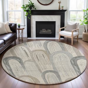 Mayfield Premium Machine Washable Abstract AMF1588 Beige 8 ft. x 8 ft. Round Rug