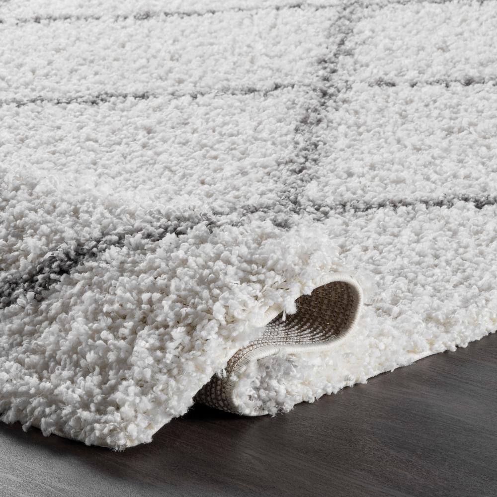 Plush White Geometric Shag 63" Square Area Rug