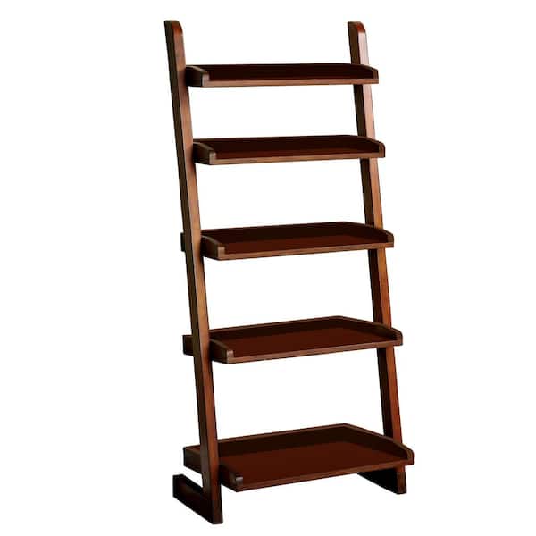 Unbranded 55 in. Antique Oak Finish Wood 5-shelf Ladder Bookcase with Open Back