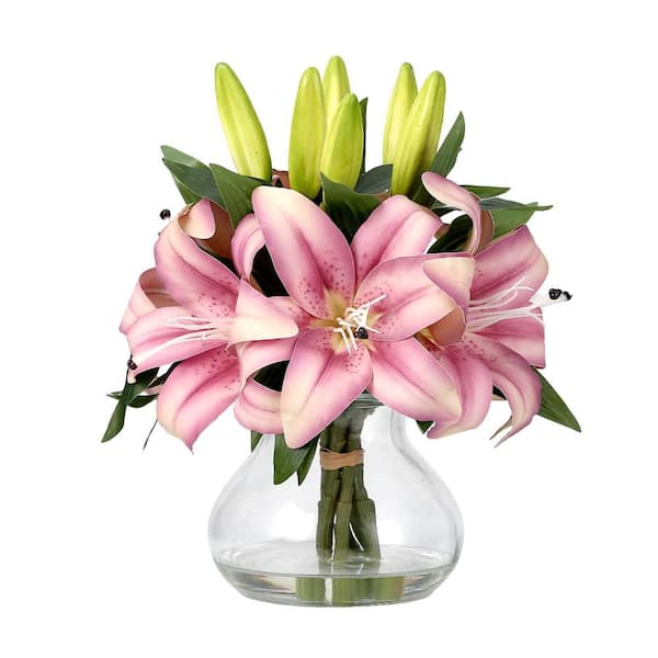 Realistic Artificial Lily Bouquet w/ Clear Glass Vase – 13 in. Tall, Lifelike Petals and Faux Water, Home Decor Purple