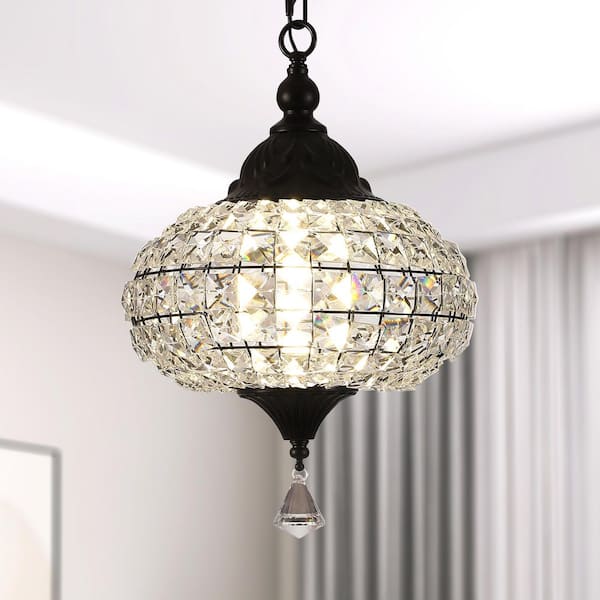 Opulence11.2 in. Matte Black 1-Light Inergrated LED Elegant Crystal Pendant Light, Adjustable Chain and LED Illumination