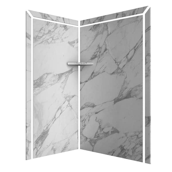 Elegance 36 in. x 48 in. x 80 in. 7-Piece Easy Up Adhesive Corner Shower Wall Surround in Calacatta White