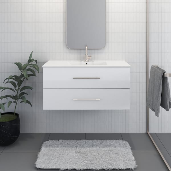 VOLPA USA AMERICAN CRAFTED VANITIES Napa 40 in. W. x 18 in. D Single Sink Bathroom Vanity Wall Mounted in Glossy White with Ceramic Integrated Countertop