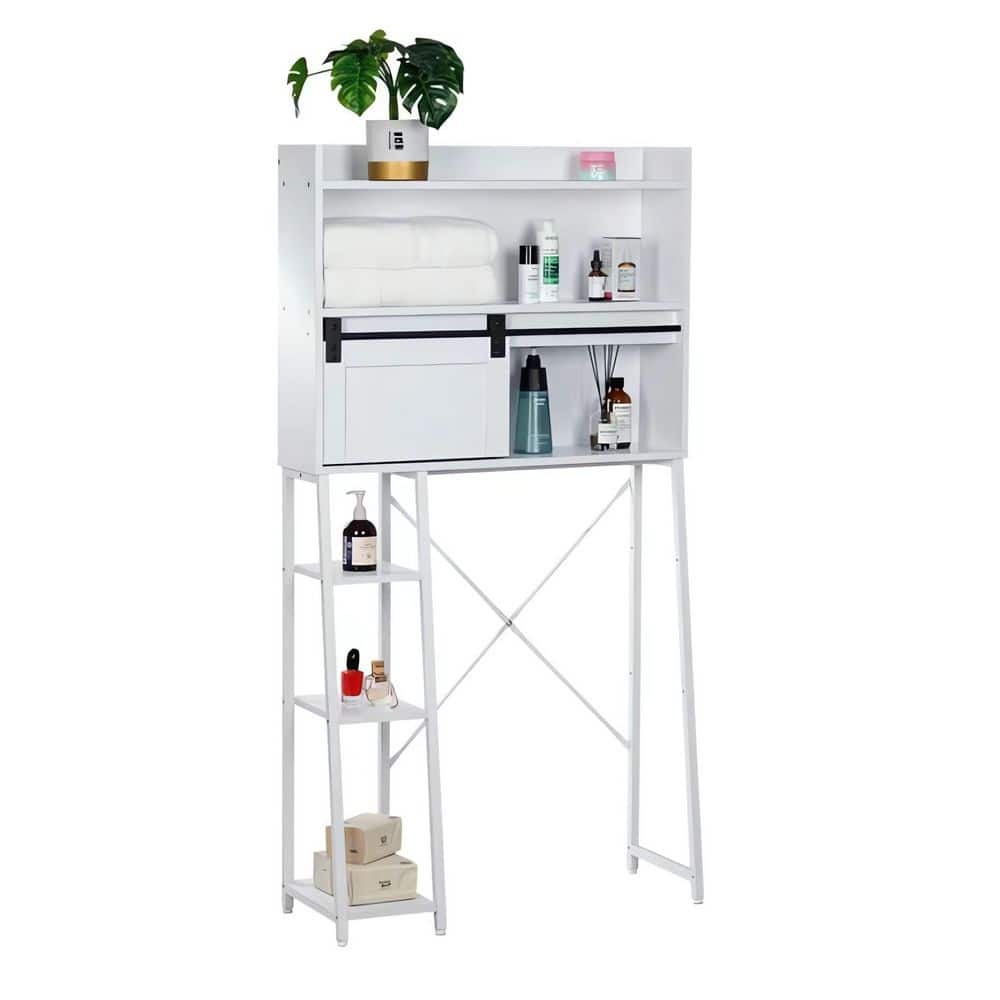 32.5 in. W x 60.7 in. H x 7.8 in. D White Over The Toilet Storage with Slid