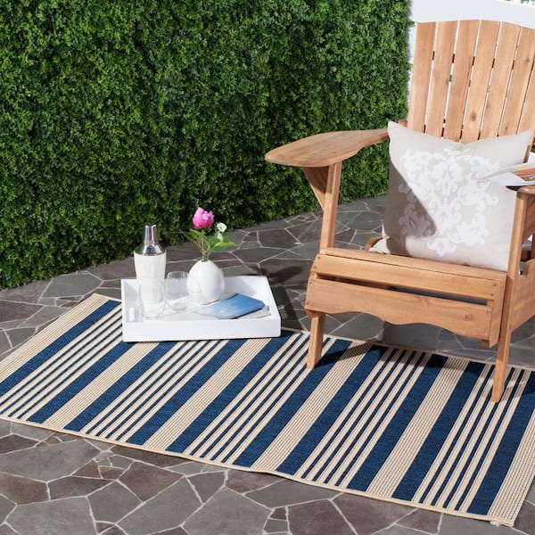 Courtyard Navy/Beige Doormat 2 ft. x 4 ft. Striped Indoor/Outdoor Patio Area Rug