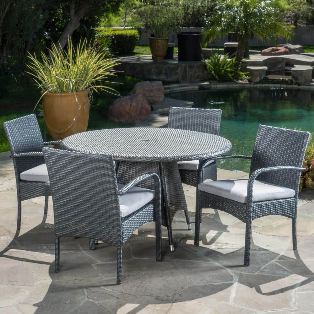 Nasir Grey 5-Piece Faux Rattan Circular Outdoor Dining Set with Grey Cushion -  Noble House, 12258