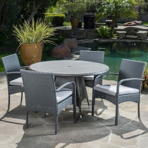 Nasir Grey 5-Piece Faux Rattan Circular Outdoor Dining Set with Grey Cushion