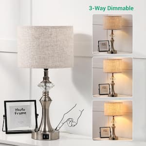 19.3 in. Silver Base Crystal Dimmable Touch Control Table Lamp Set with Beige Shade and USB Port (Set of 2)