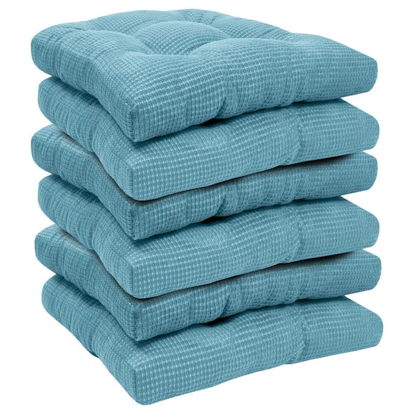 Sweet Home Collection Fluffy Tufted Memory Foam Square 16 in. x 16 in. Non-Slip Indoor/Outdoor Chair Cushion with Ties, Teal (6-Pack)