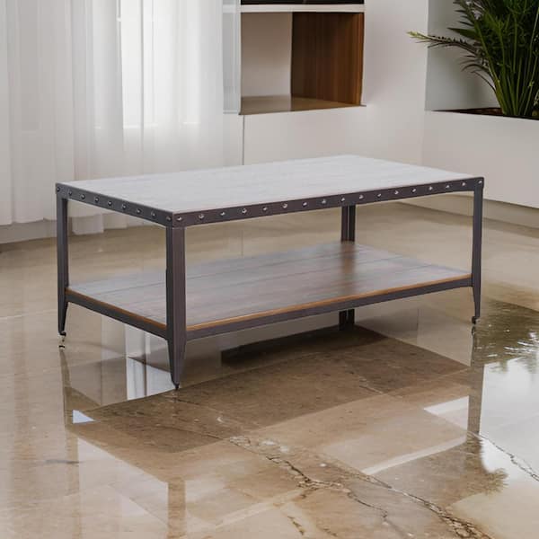 Benjara 26 in. Brown Rectangle Wood Coffee Table with Nailhead Accent
