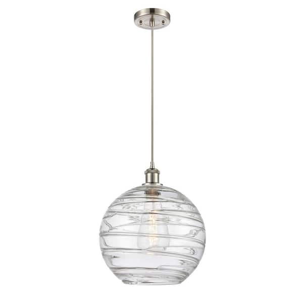 Athens Deco Swirl 1-Light Brushed Satin Nickel Globe Pendant Light with Clear Deco Swirl Glass Shade