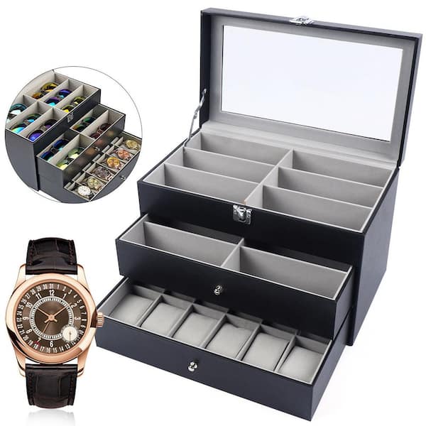 Leather Jewelry & Watch Box - Black