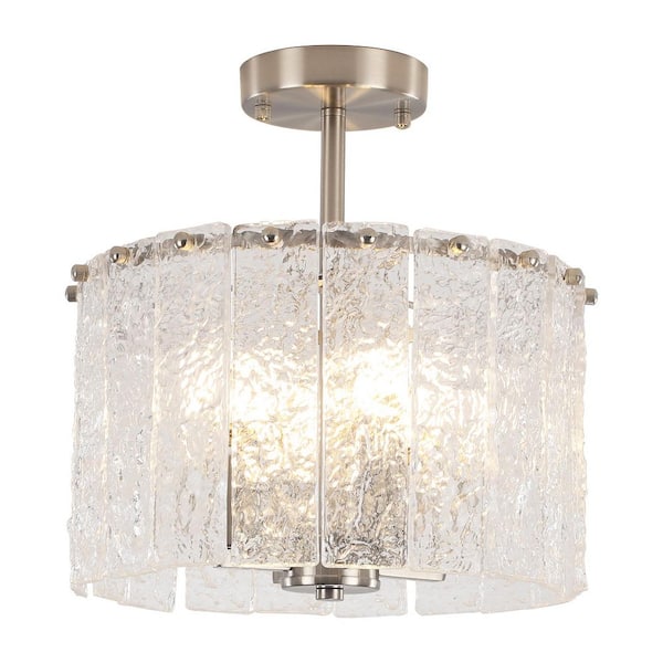 4-Light 12.5" Nickel Modern Drum Semi Flush Mount Ceiling Light with Clear Textured Glass for Bedroom Hallway Foyer