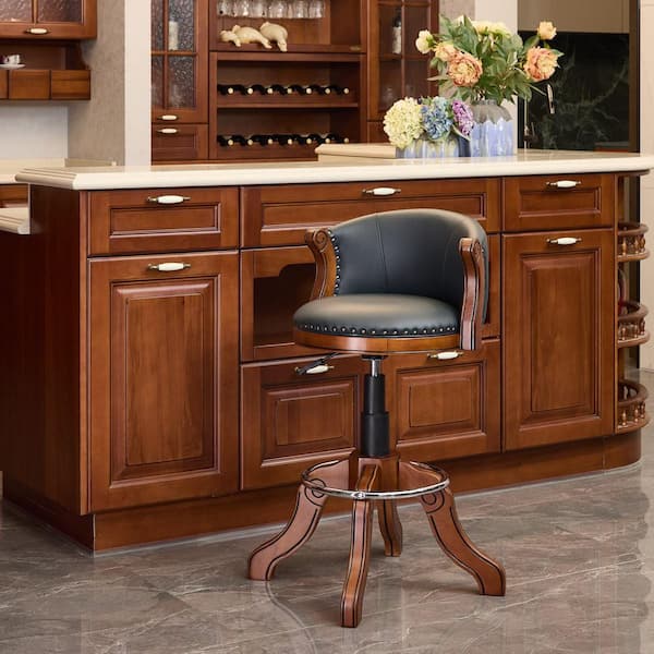 Occam 360° Swivel 38.2 in. H Blue Solid Wood Bar Stool with Genuine Leather Upholstered Seat, Adjustable Height