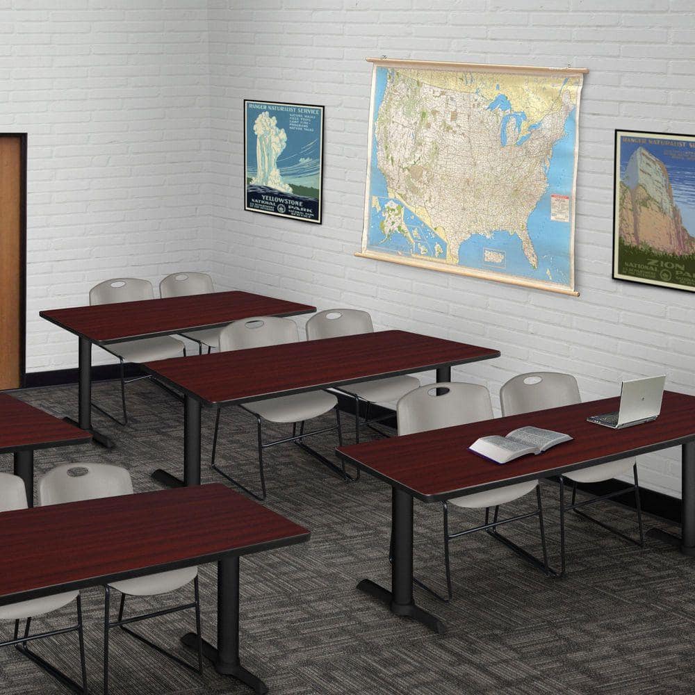 Cain 66 in x 24 in. Mahogany T-Base Training Seminar Table Desk and 2 Zeng Stack Chairs-Grey