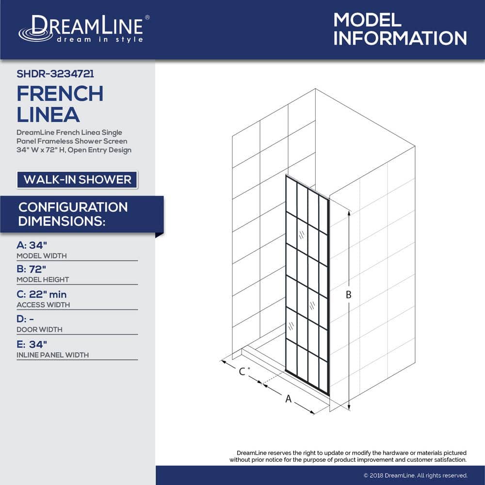 French Linea 34" Black Frameless Frosted Glass Shower Door