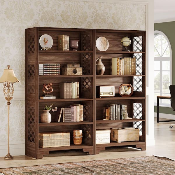 BYBLIGHT 70 in. Tall Brown Wood 5-Shelf Standard Bookcase, Floor Standing Display Bookcase Set of 2