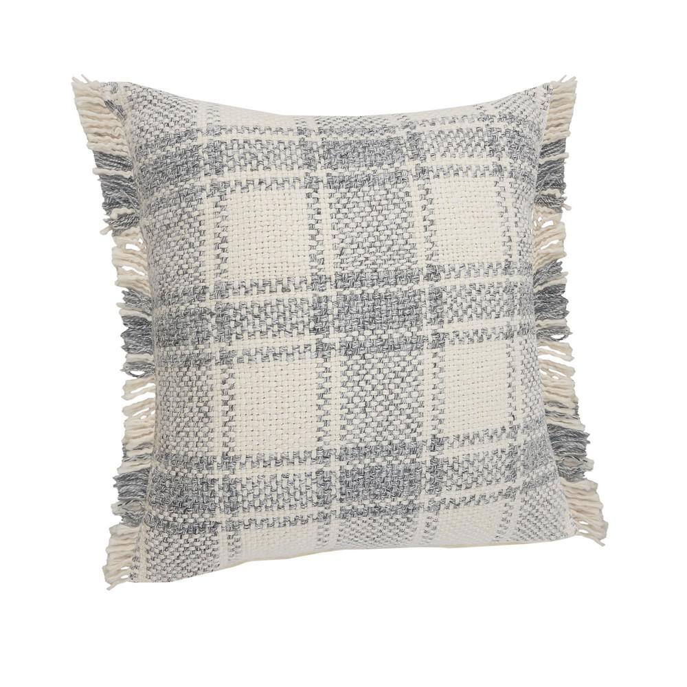 Charles 20" Gray Plaid Cotton Fringed Throw Pillow