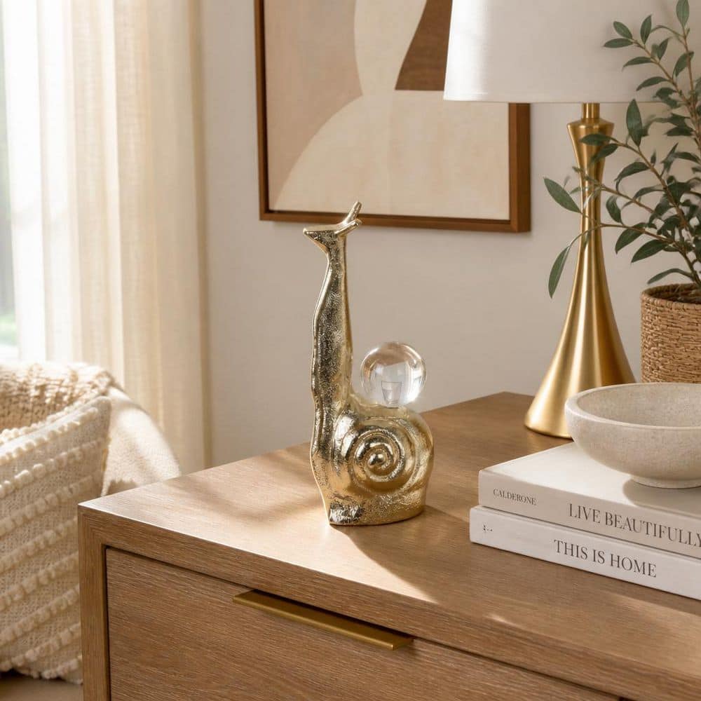 Gold 4 in. x 10 in. Metal Tall Accent Snail with Acrylic Ball