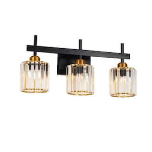 20.47 in. 3-Lights Black and Gold Modern Crystal Bathroom Vanity Light Over Mirror with Crystal Shades