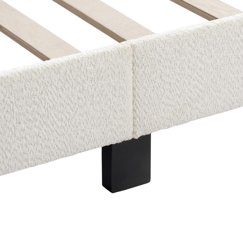 White Boucle Upholstered Queen Bed with Nailhead Trim and Wood Frame